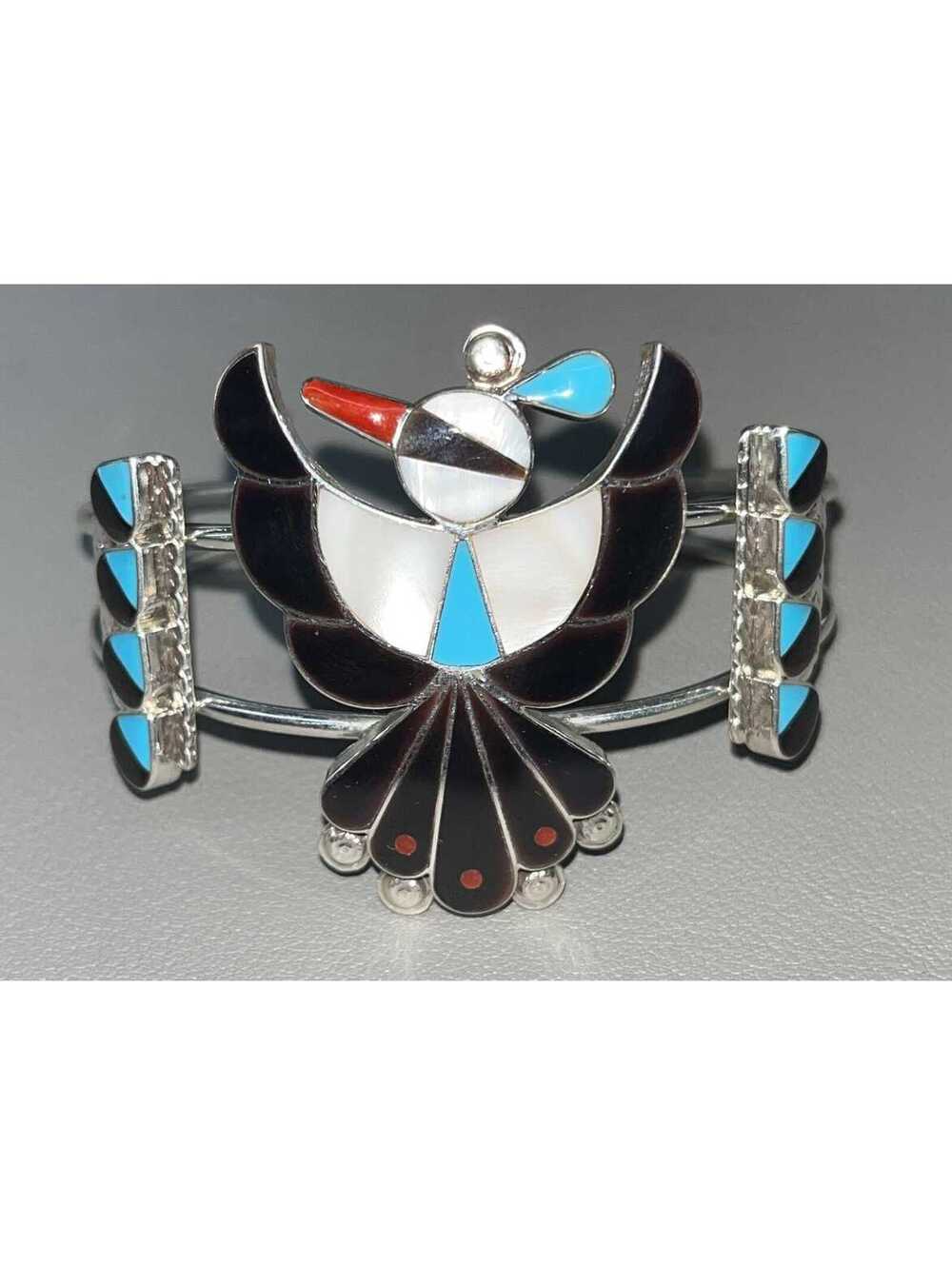 Zuni handmade sterling silver inlay thunderbird turquoise statement bracelet